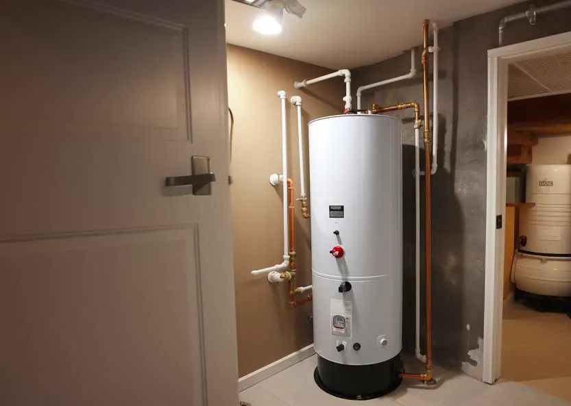 Residential gas water heater tank installed in a Austin basement